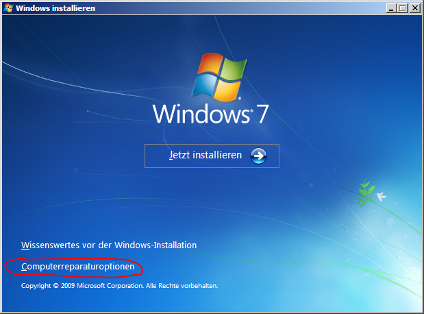 Computerreparaturoptionen Windows 7